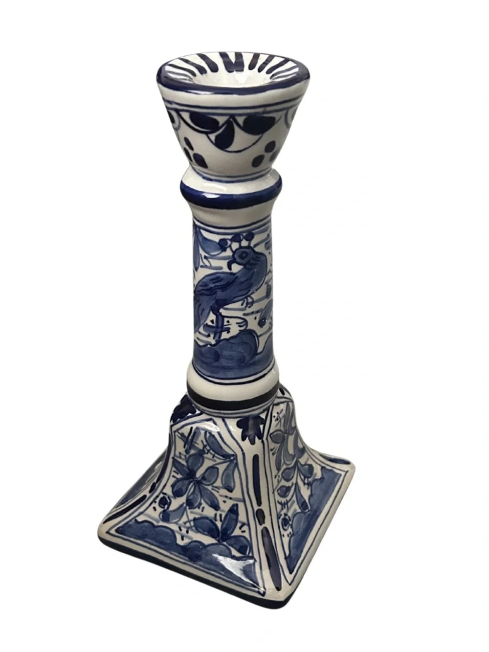 Hand Painted Peacock Ceramic Candlestick Holder | Made in Portugal | Blue/White